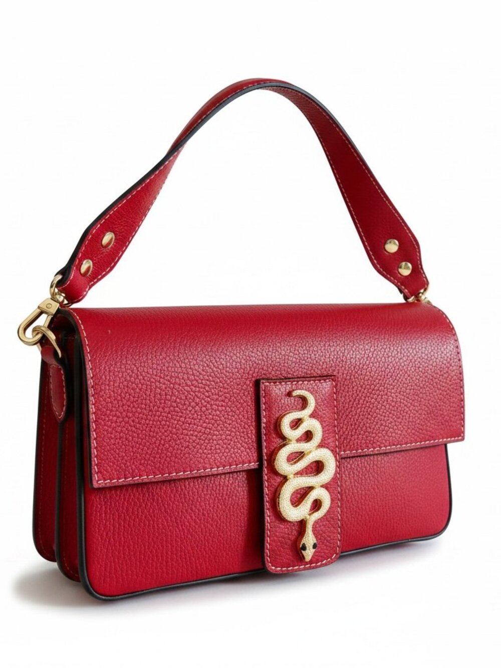 Divina Firenze Red Pebble Leather Baguette Crossbody W/Gold-tone Snake Accents